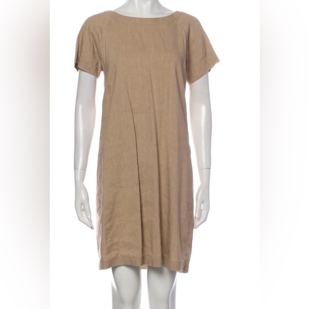 Theory short sleeve lace up pleated back linen shift dress in tan beige